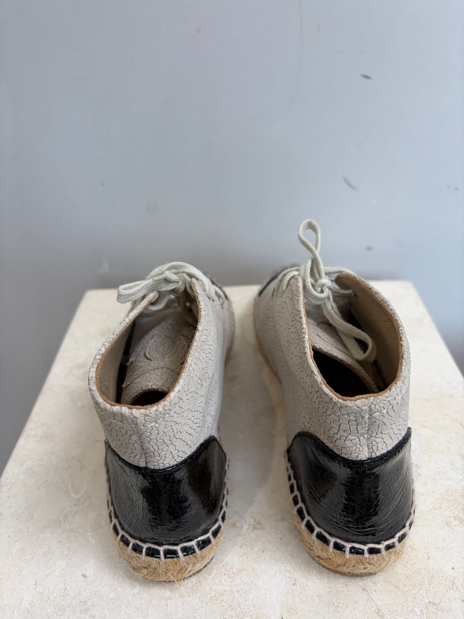 Chanel Ecru Crinkled Lace Up Espadrilles, 37