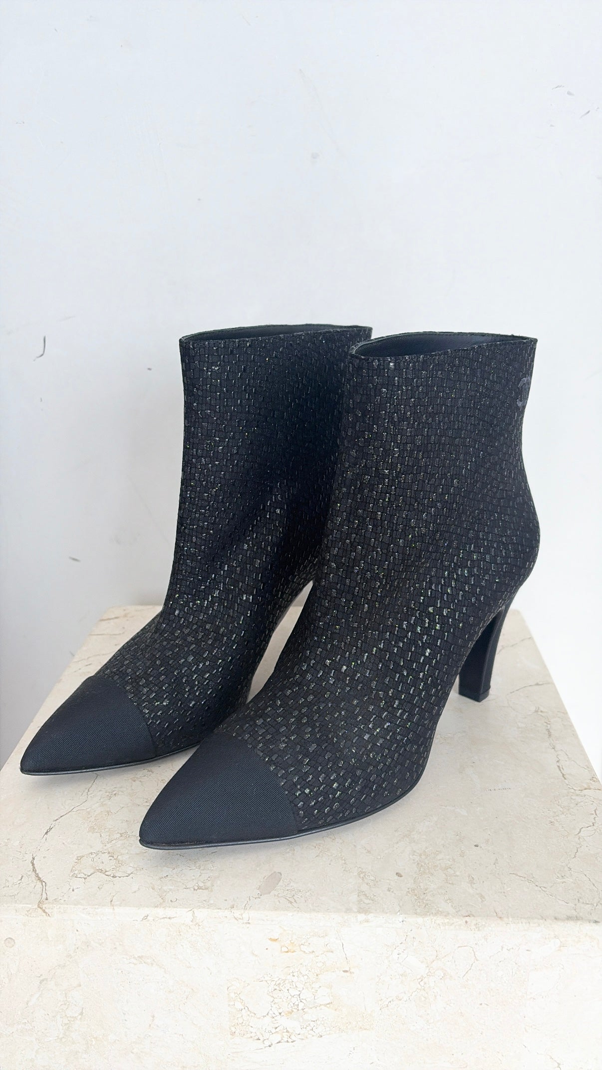 Chanel Black Textured Fabric Pointed Ankle Boot, 39.5 C