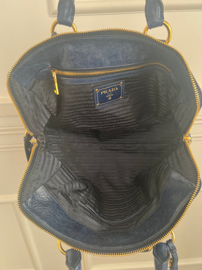 Prada Blue Crinkled Leather Zipped Tote Bag