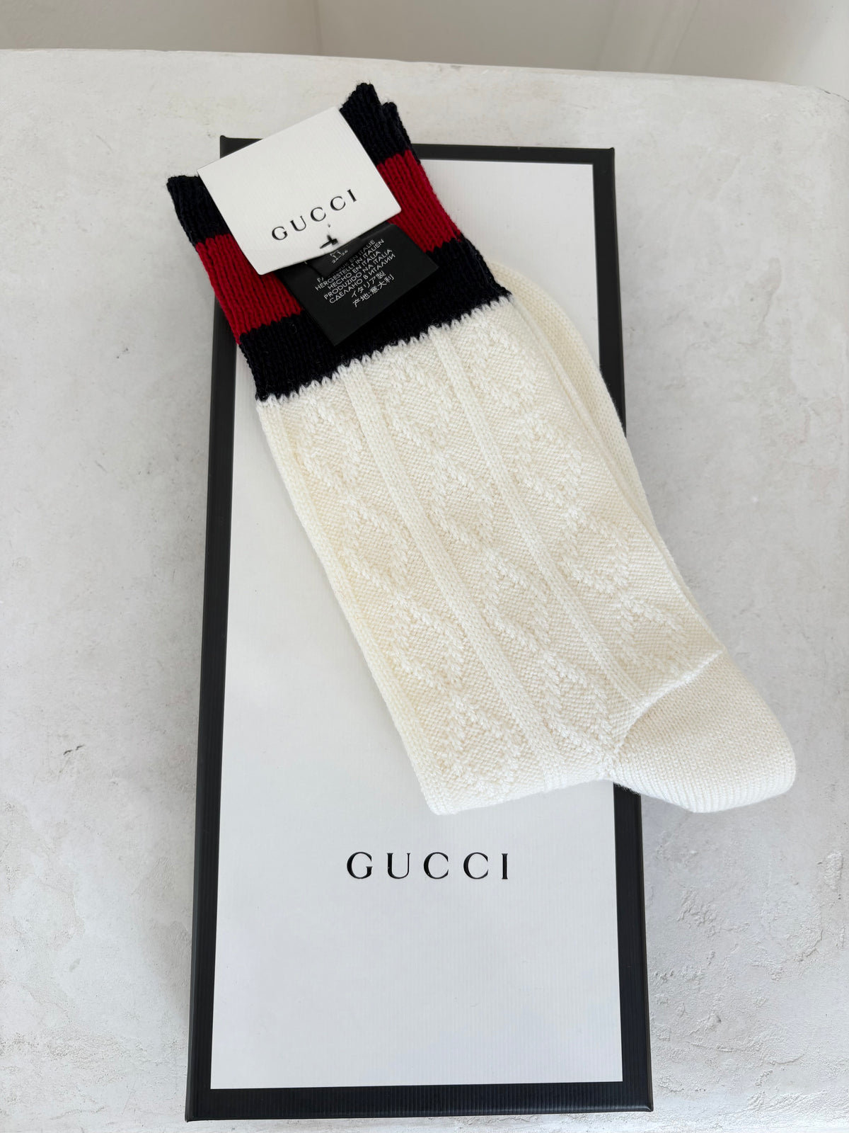 Gucci Cream Red and Navy Knit Wool Blend Socks, M