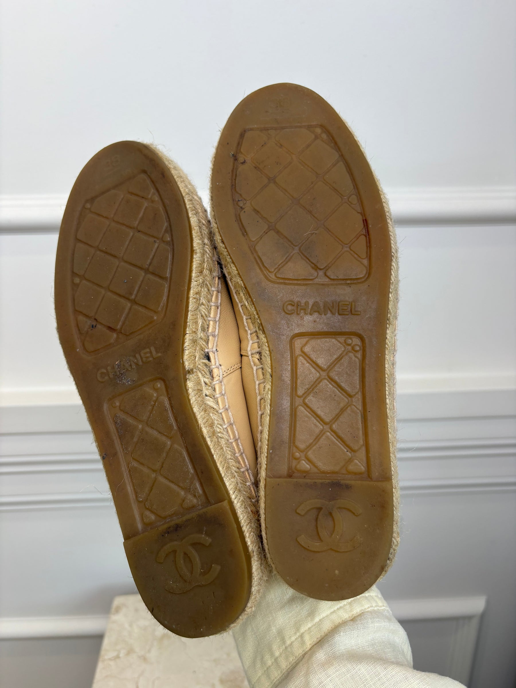 Chanel Beige and Black Leather Logo Espadrilles, 38