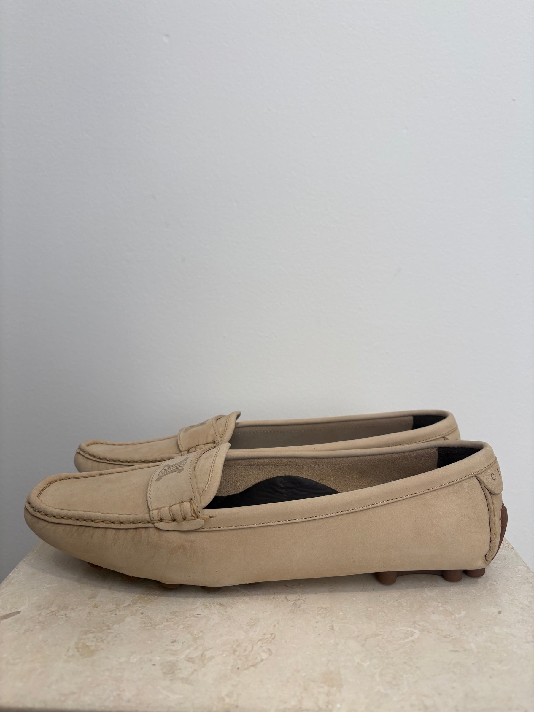 Céline Beige Suede Logo Driving Shoes, 40
