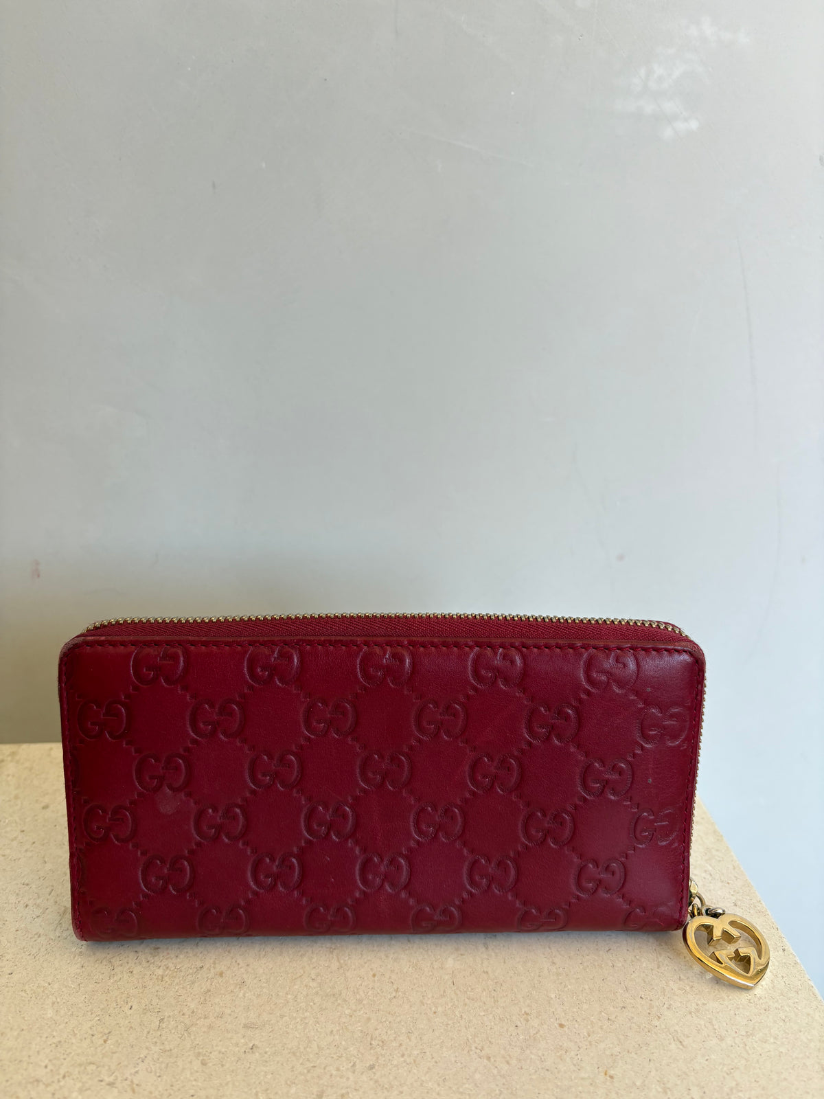 Gucci Red Leather Monogram Zipped Long Wallet
