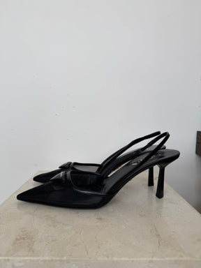 Prada Black Leather Mesh Pointed Logo Pumps, 38.5
