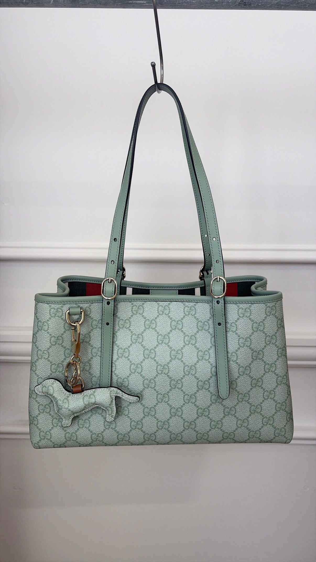 Gucci Sage Green GG Monogram Emblem Small Tote with Dog Charm
