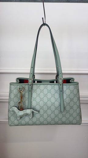 Gucci Sage Green GG Monogram Emblem Small Tote with Dog Charm