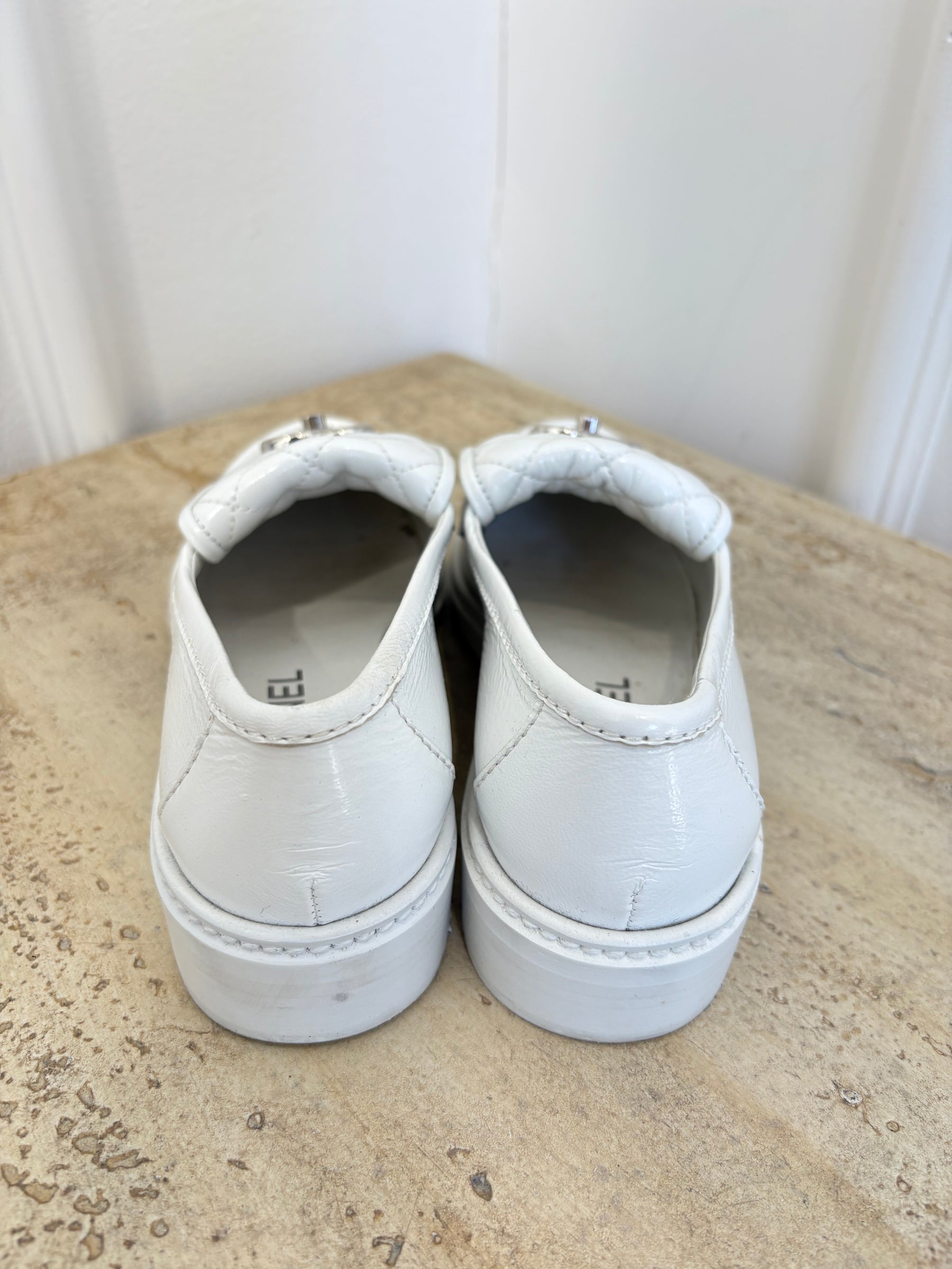 Chanel White Patent Leather Turn Lock Loafer, 35C