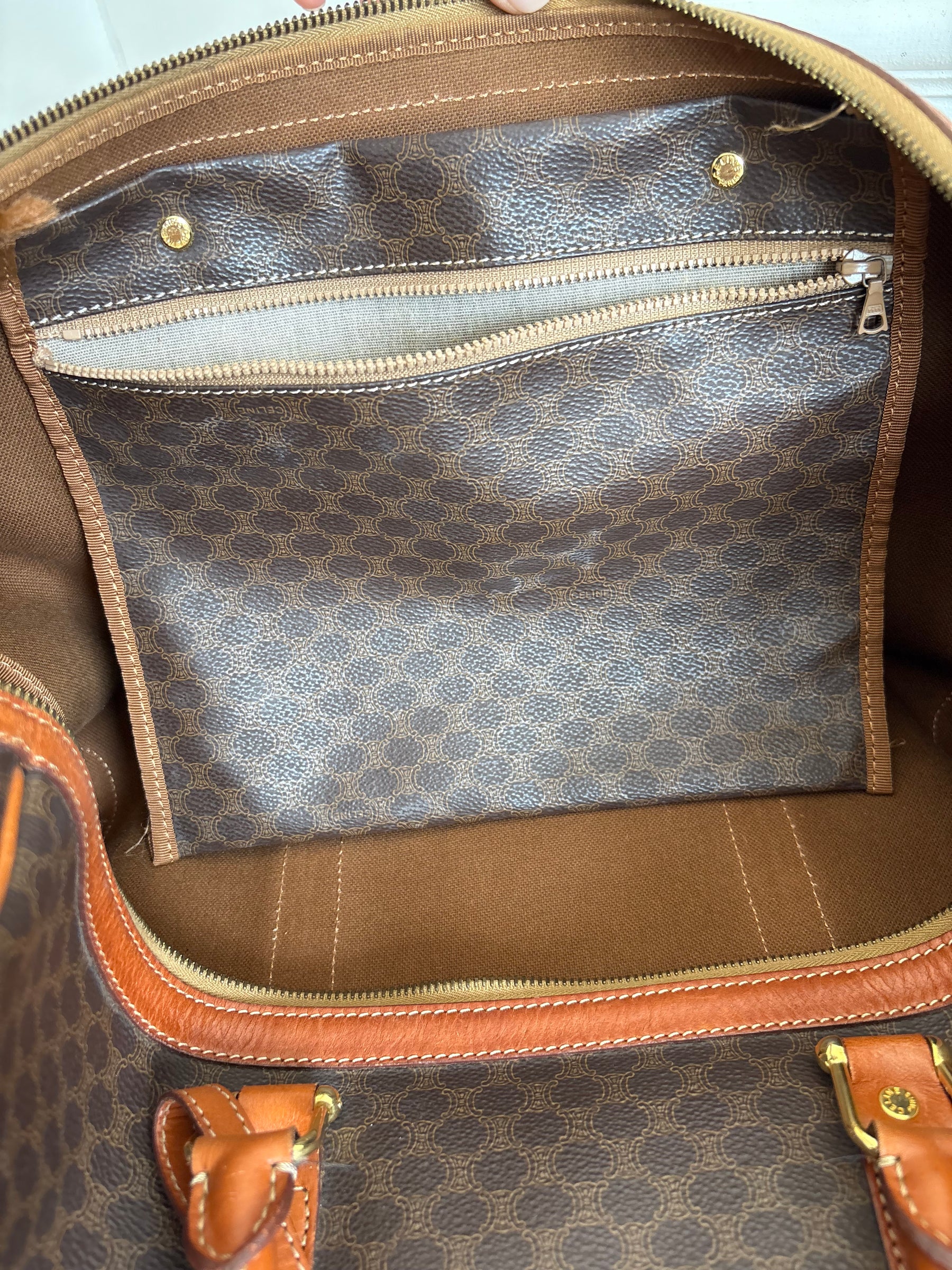 Celine Triomphe Canvas and Tan Leather Trim Duffle Bag