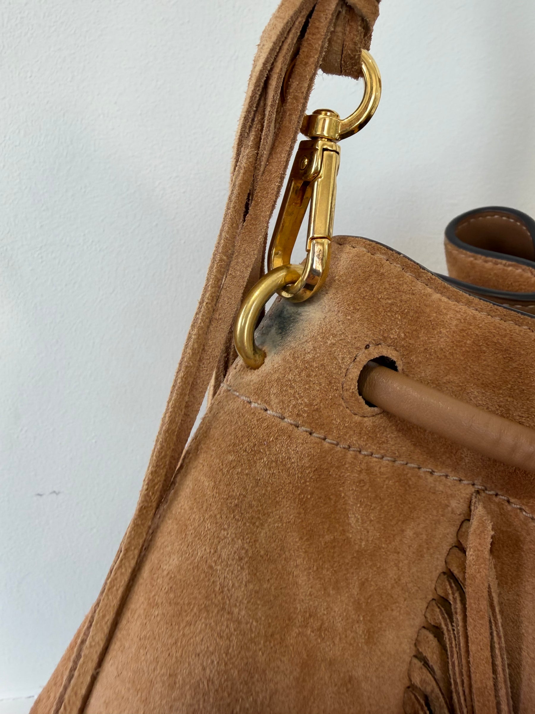 Jimmy Choo Toffee Suede Fringed Cinch Medium Bag