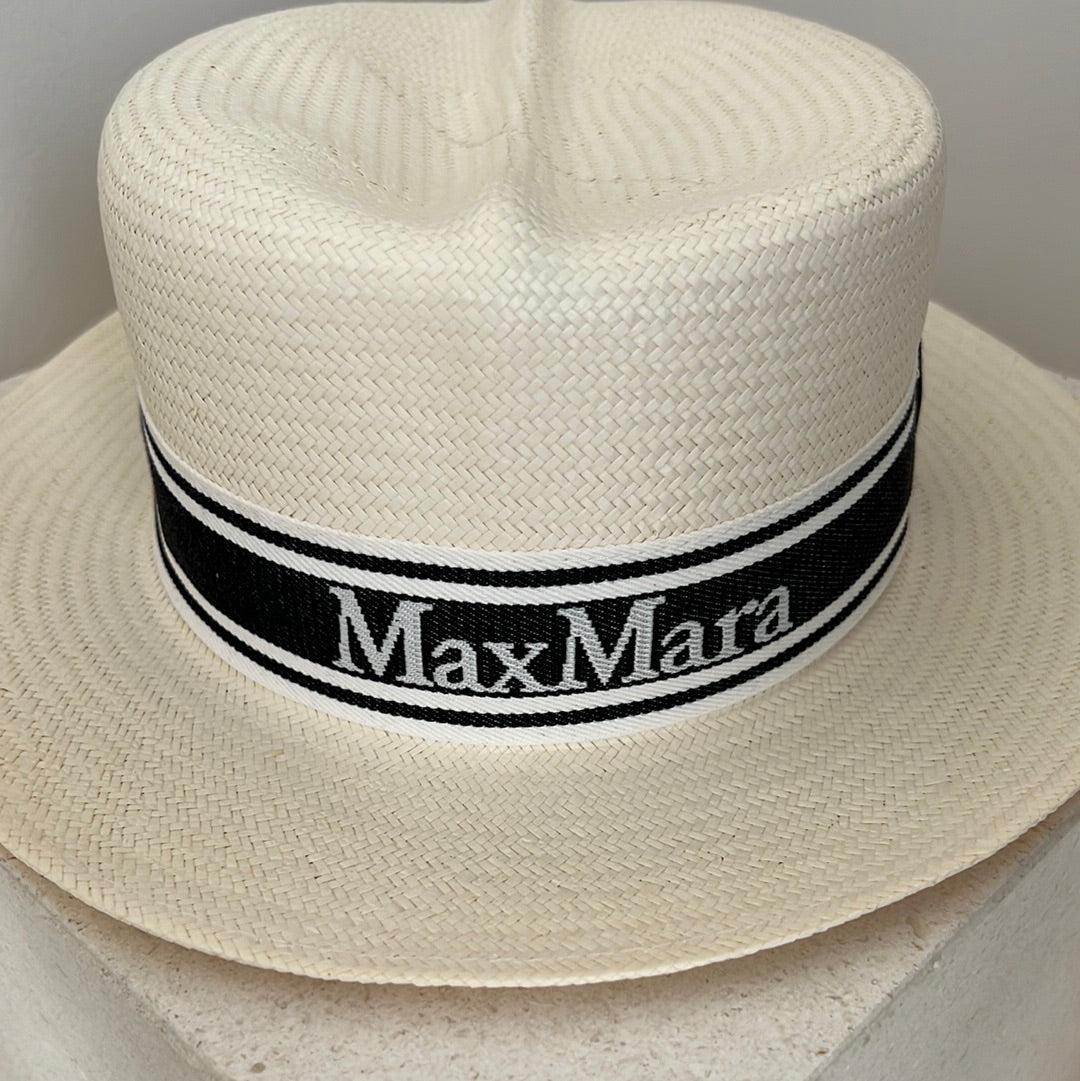 Max Mara Pale Straw Navy Logo Ribbon Band Hat, OS