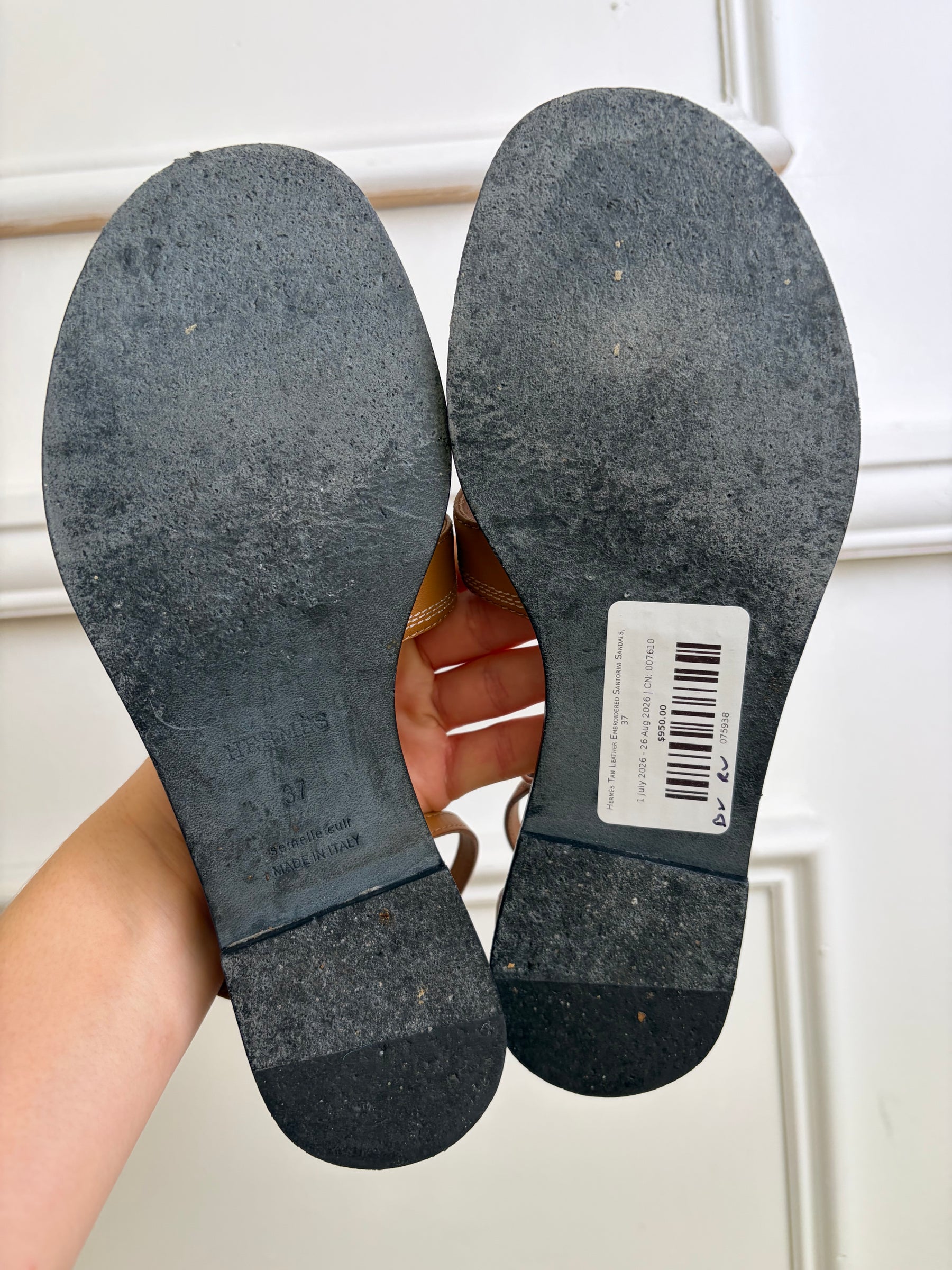 Hermès Tan Leather Embroidered Santorini Sandals, 37