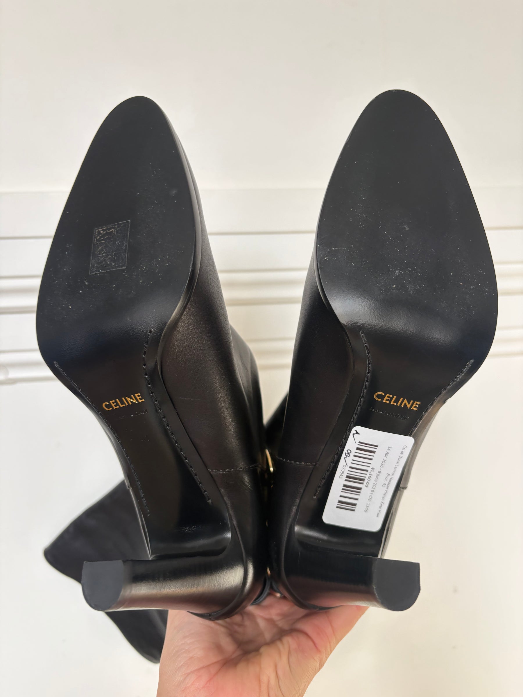 Celine Black Leather Horsebit Heeled Knee High Boot, 41