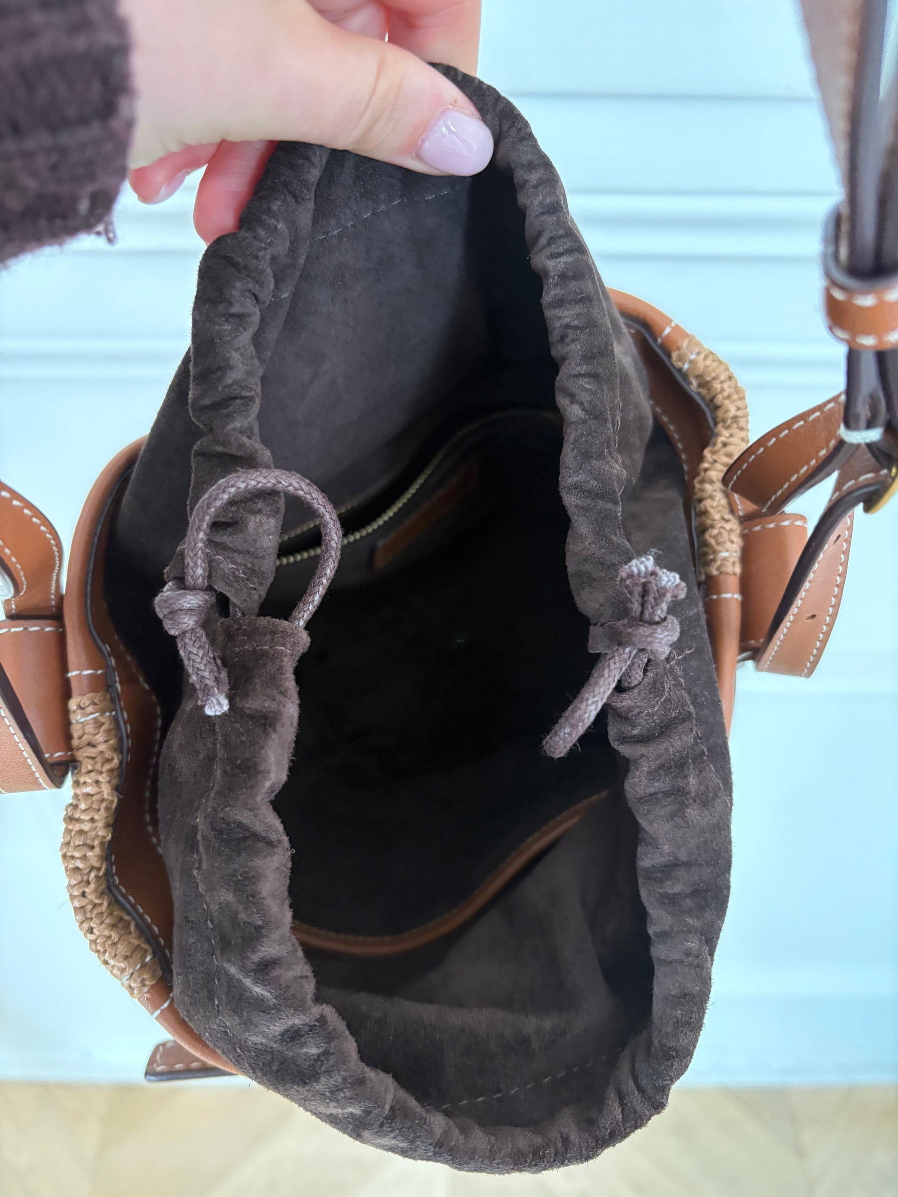 STAUD Tan Leather and Raffia Bucket Shoulder Bag