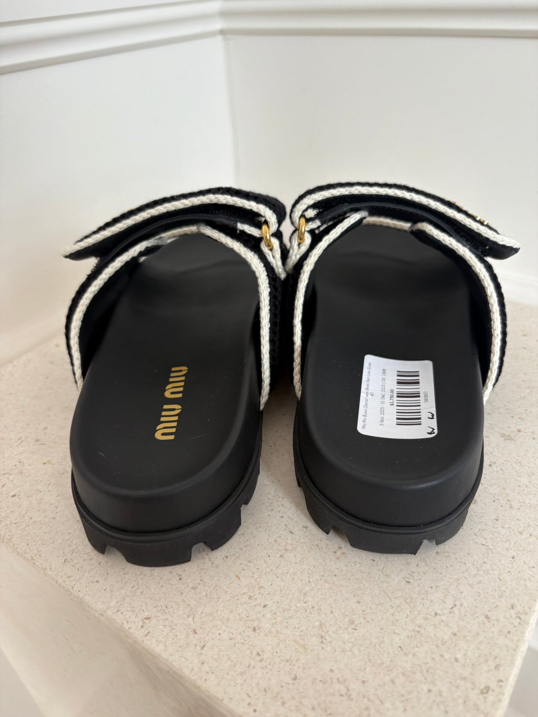 Miu Miu Black Crochet with White Knit Logo Slides, 40