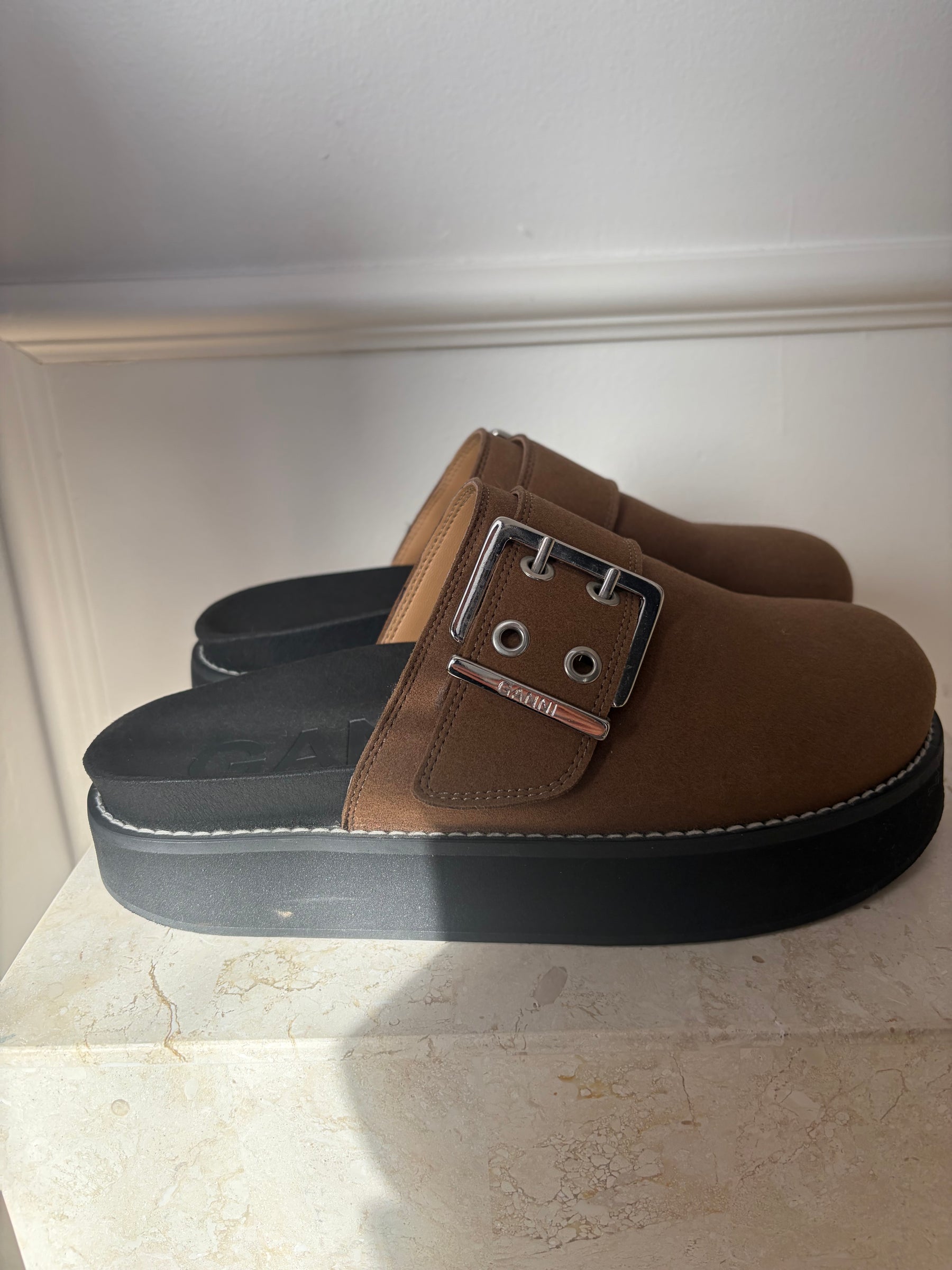 Ganni Brown Buckle Clogs, 38