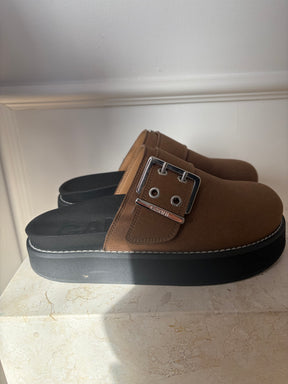 Ganni Brown Buckle Clogs, 38