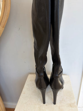 Saint Laurent Black Leather Diane Logo-Embellished knee boots, 41