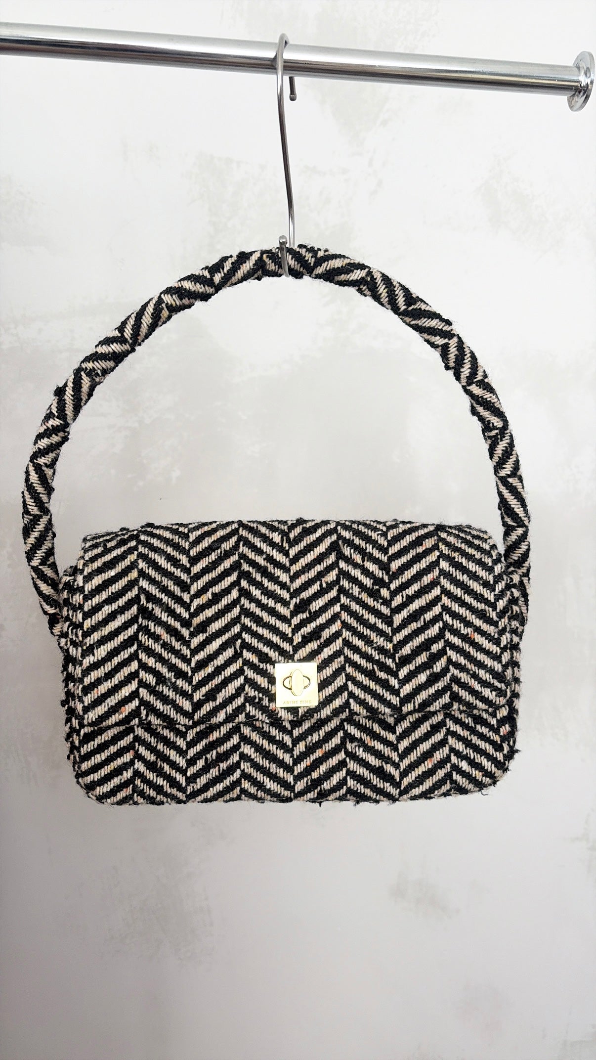 Anine Bing Brown and Beige Herringbone Tweed Shoulder Bag