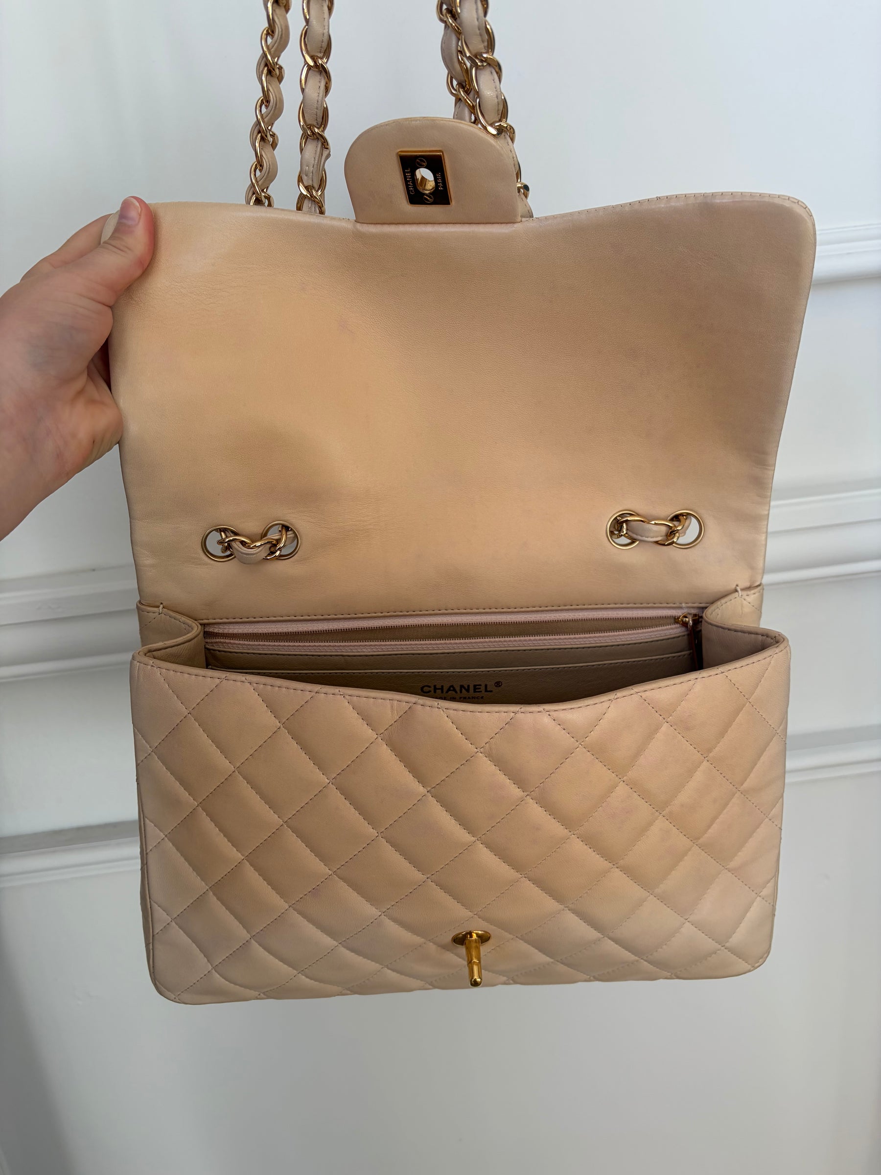 Chanel Beige Lambskin Leather Jumbo Single Flap