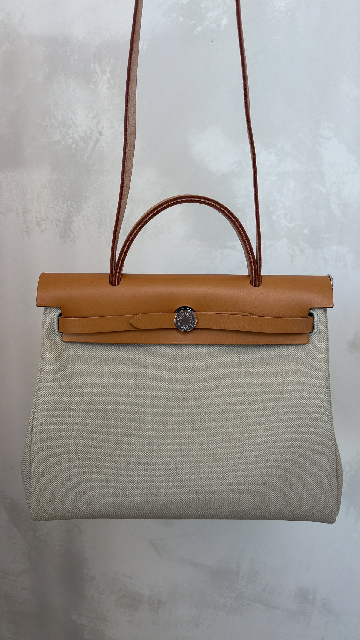 Hermès Special Order Herbag Zip Retourné 31 in Beton Canvas and Naturel-Sable Leather