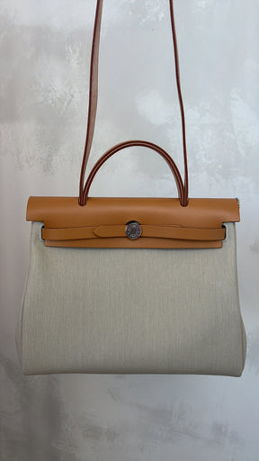 Hermès Special Order Herbag Zip Retourné 31 in Beton Canvas and Naturel-Sable Leather