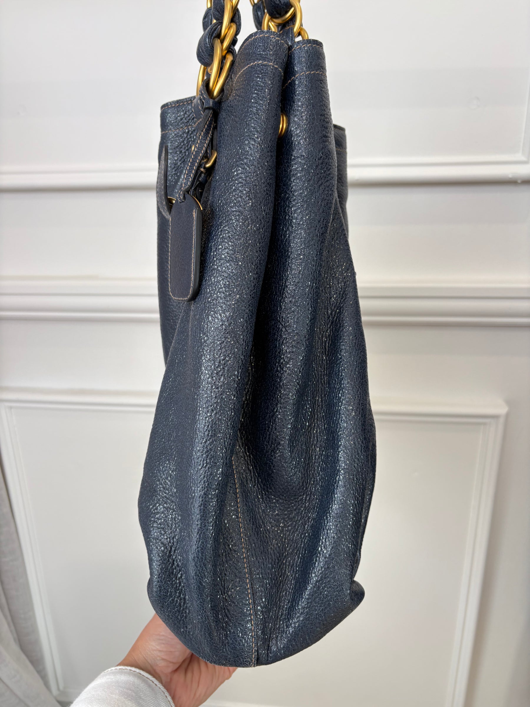 Prada Navy Craquele Cervo Lux Chain Tote Bag