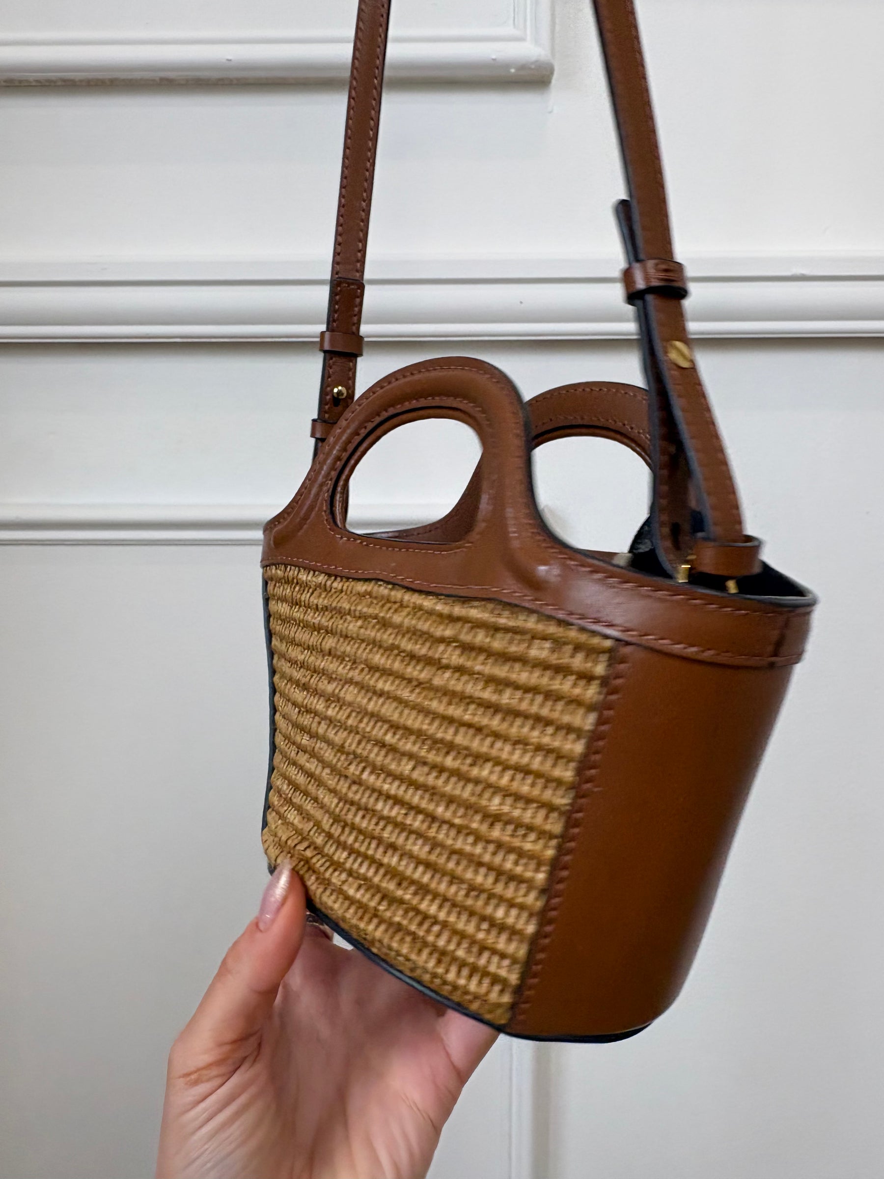 MARNI Brown Leather and Raffia Mini Logo Tote