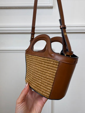 MARNI Brown Leather and Raffia Mini Logo Tote