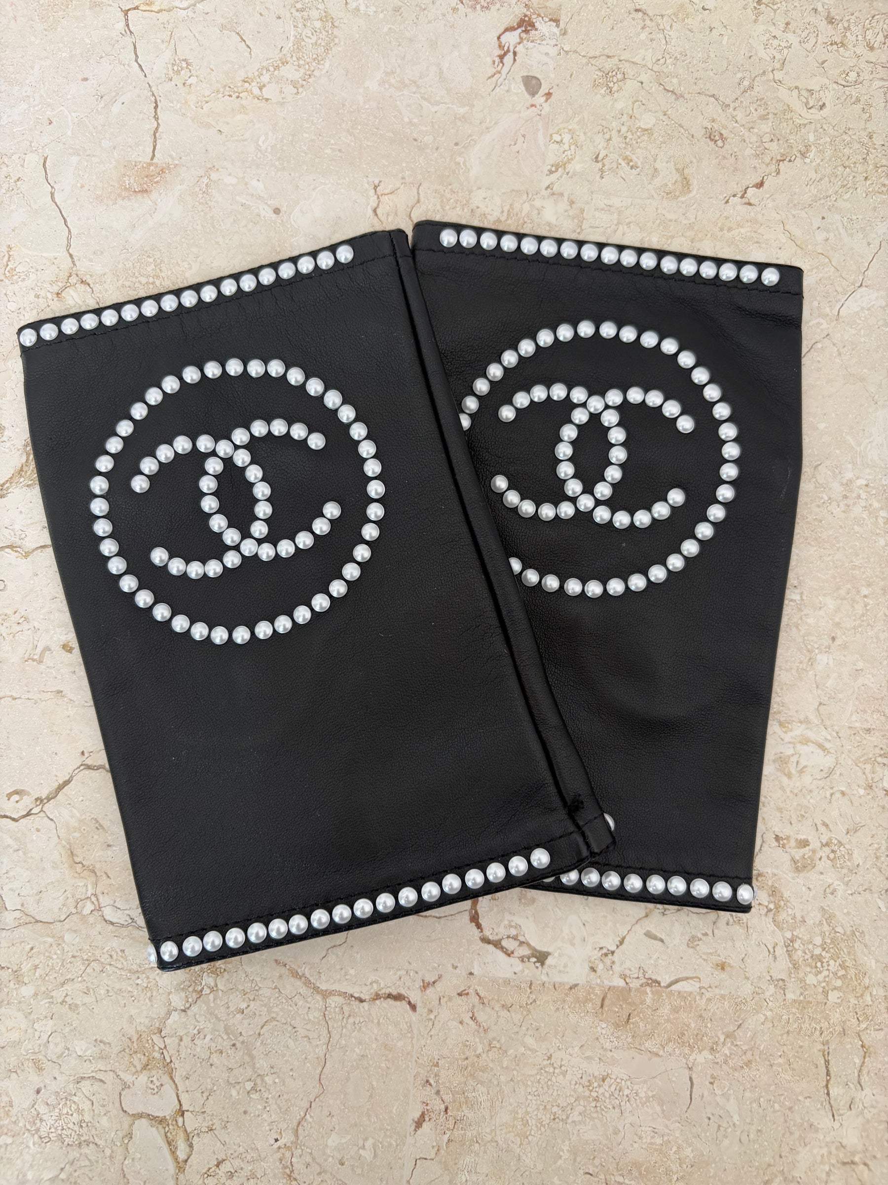 Chanel Black Leather Pearl Logo Fingerless Gloves, 8