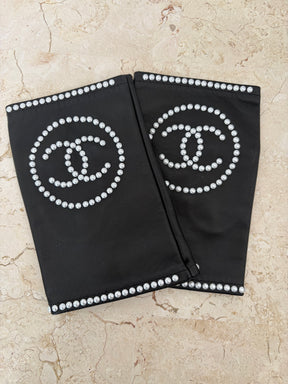Chanel Black Leather Pearl Logo Fingerless Gloves, 8