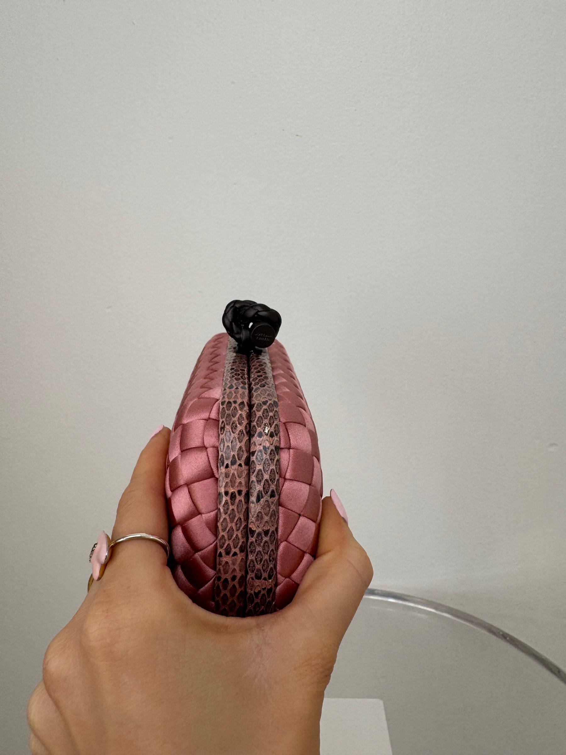 Bottega Veneta Musk Woven Silk Python Trim Knot Clutch