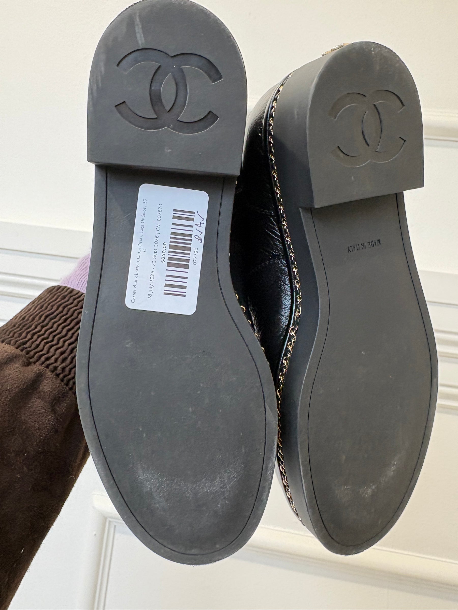Chanel Black Leather Chain Detail Lace Up Shoe, 37 C