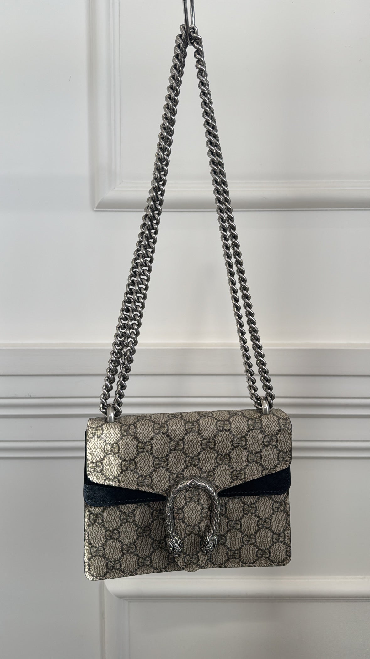 Gucci Taupe and Black Suede Monogram Small Dionysus Bag