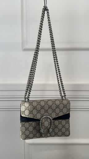 Gucci Taupe and Black Suede Monogram Small Dionysus Bag