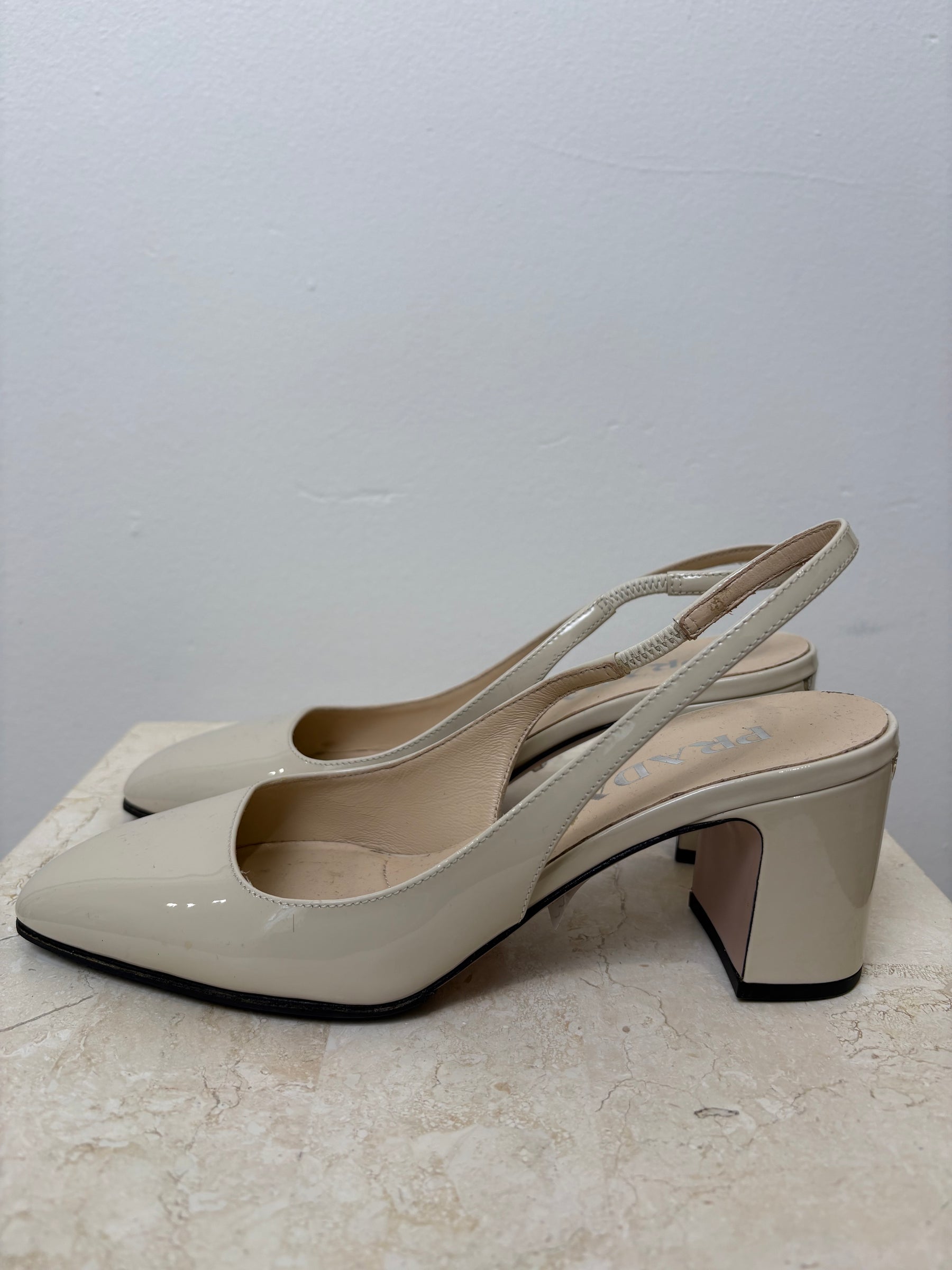 Prada Cream Patent Leather Logo Back Slingback, 36