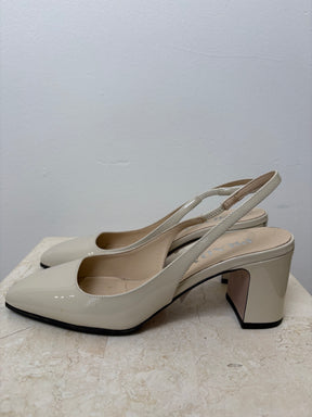 Prada Cream Patent Leather Logo Back Slingback, 36