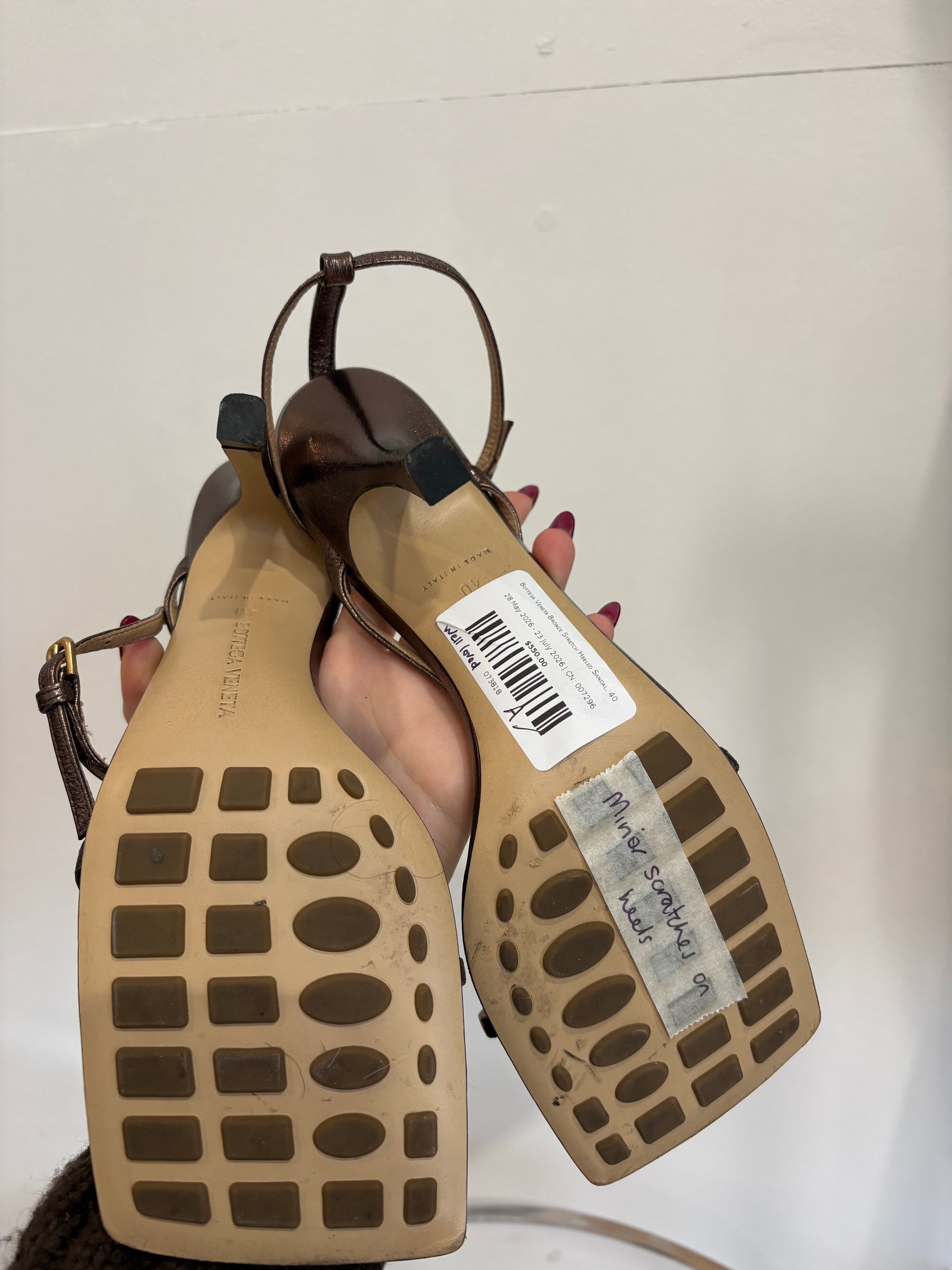 Bottega Veneta Bronze Stretch Heeled Sandal, 40