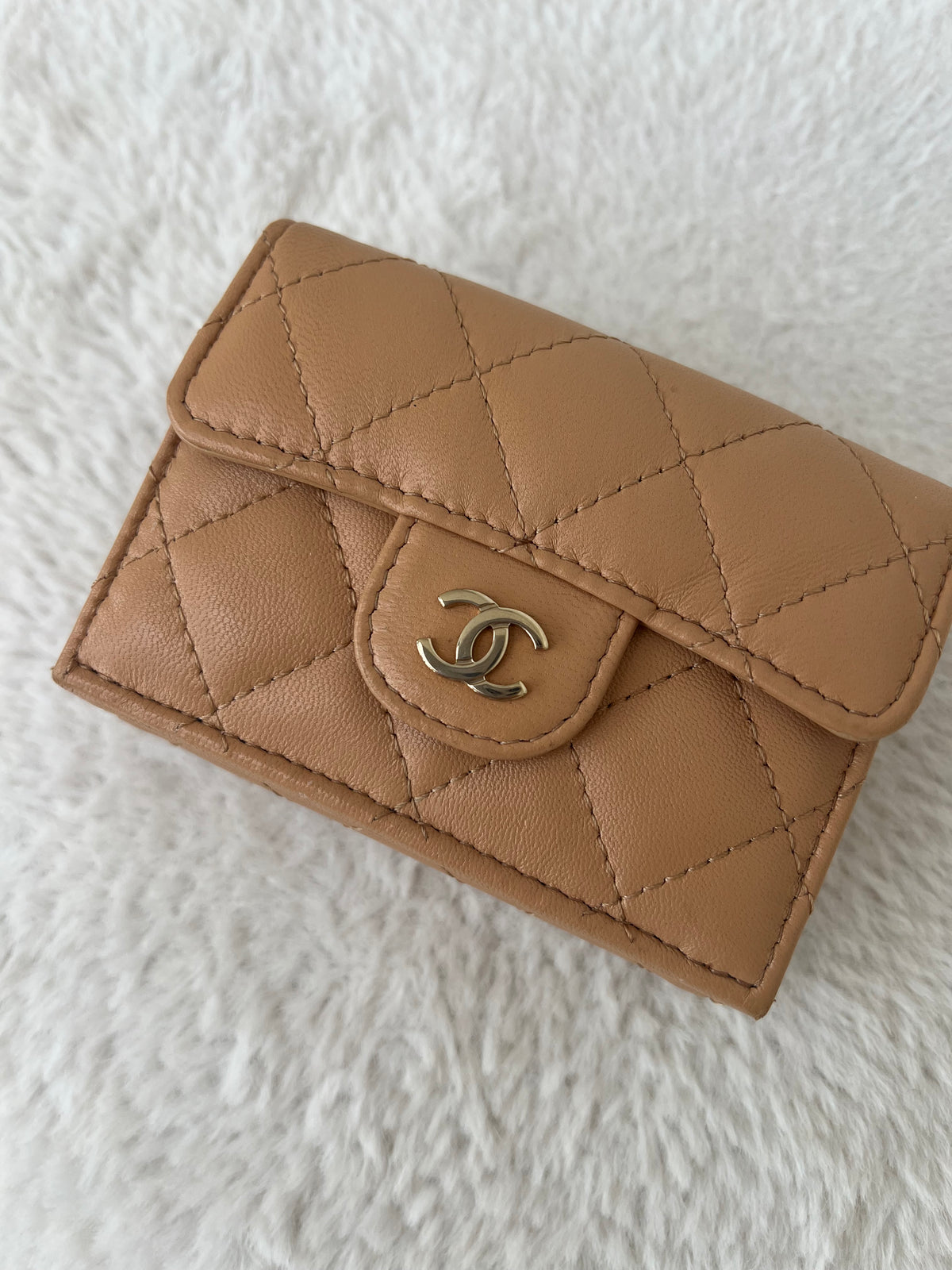 Chanel Beige Lambskin Leather Trifold Wallet