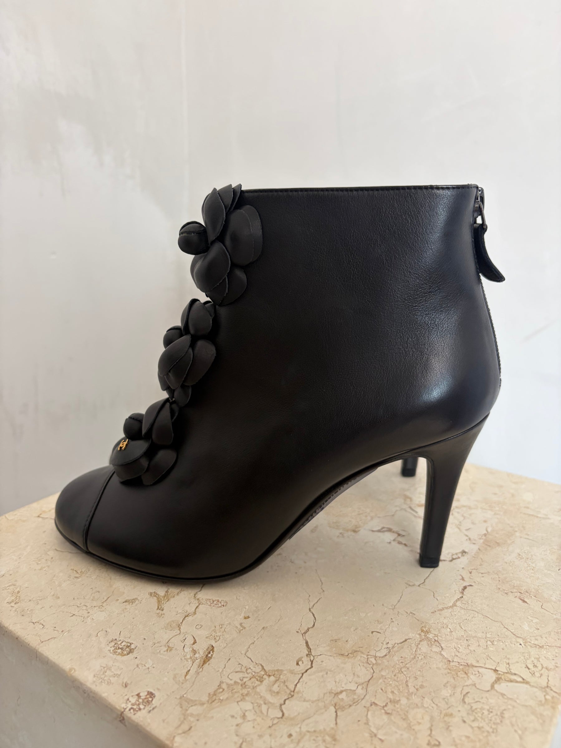 Chanel Camellia Flower Embellished Ankle Boots Black, 39