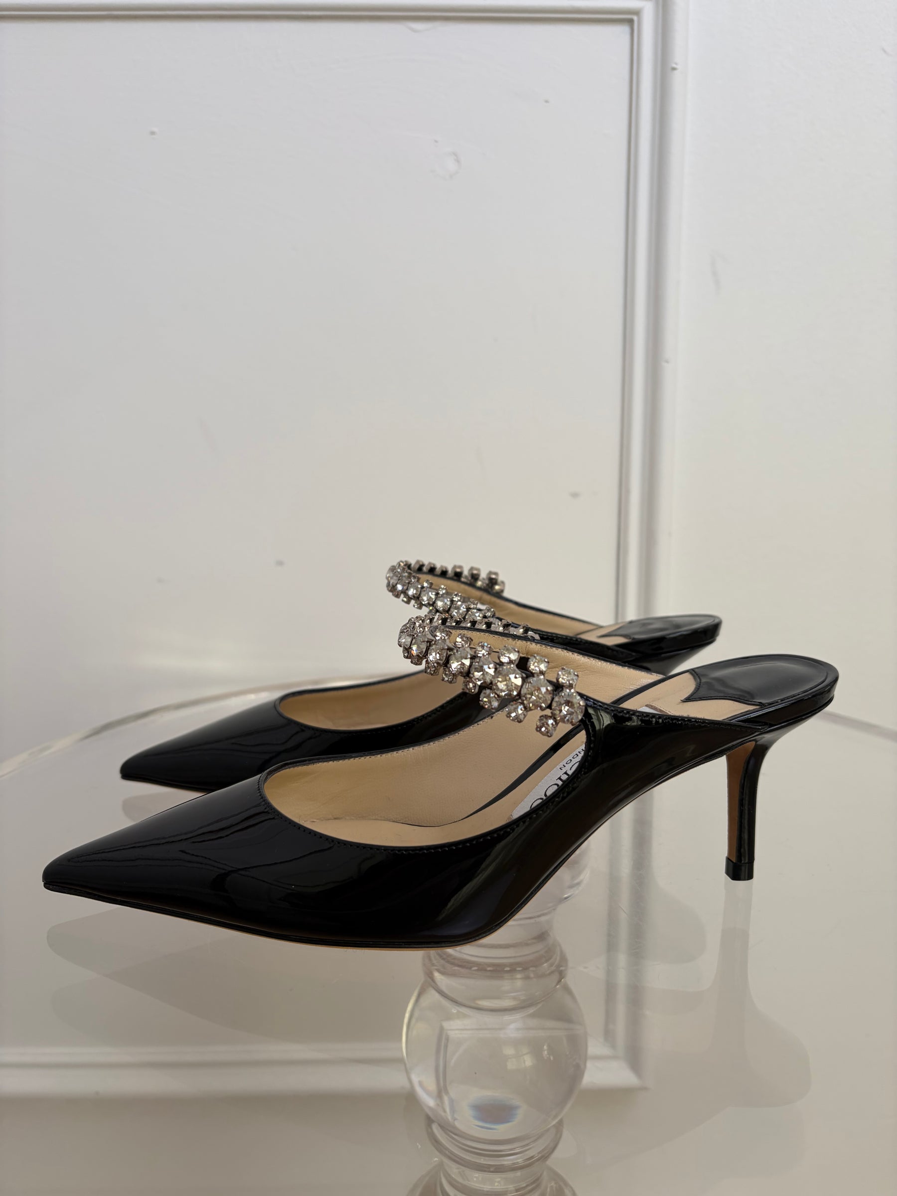 Jimmy Choo Black Patent Leather and Crystal Bing Mules, 36