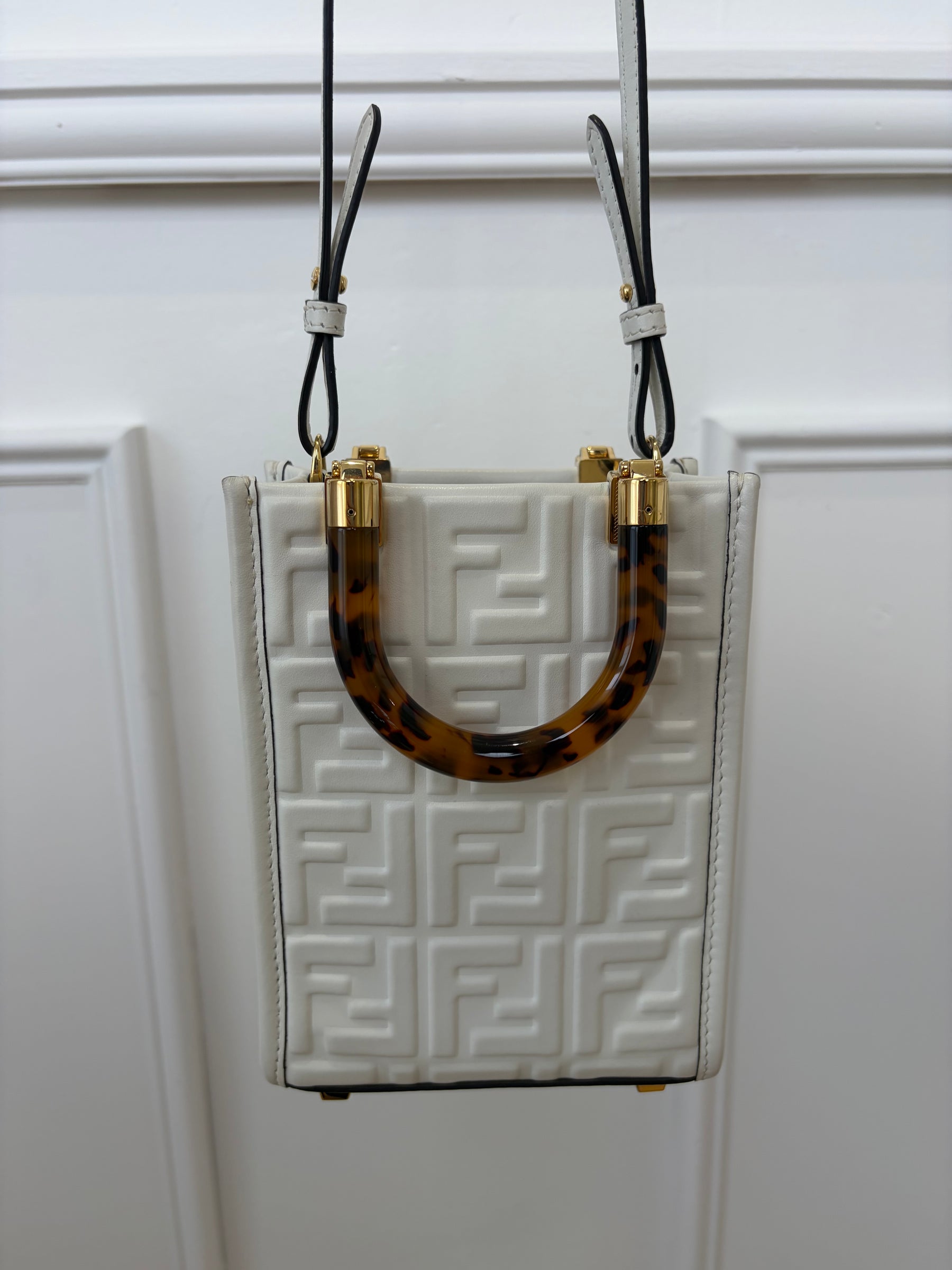 Fendi White De-bossed Monogram Leather Mini Sunshine Shopper Tote