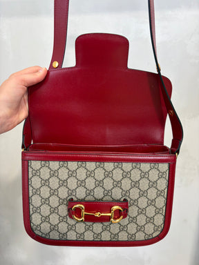 Gucci Coated Canvas Monogram and Red Leather 1955 Horsebit Shoulder Bag