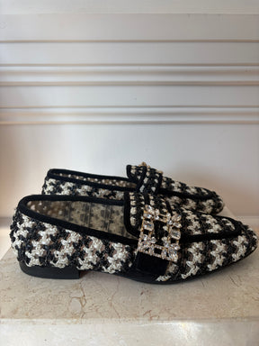 Roger Vivier Cream and Black Crochet Crystal Buckle Loafer, 37