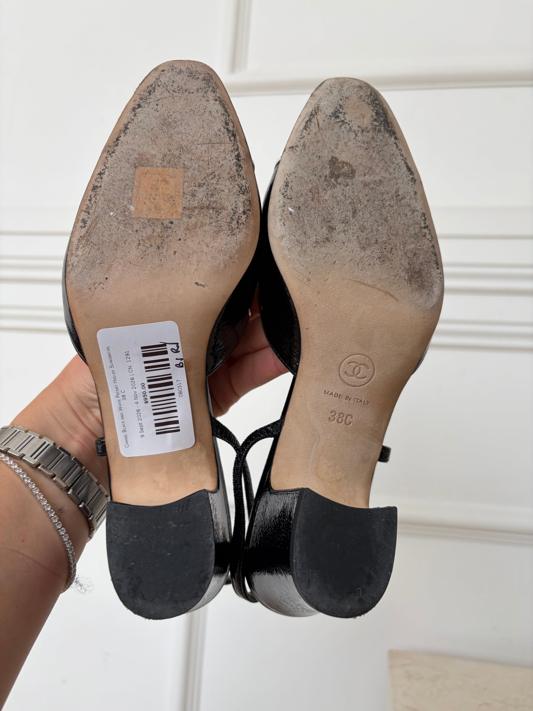 Chanel Black and White Patent Heeled Slingbacks, 38 C