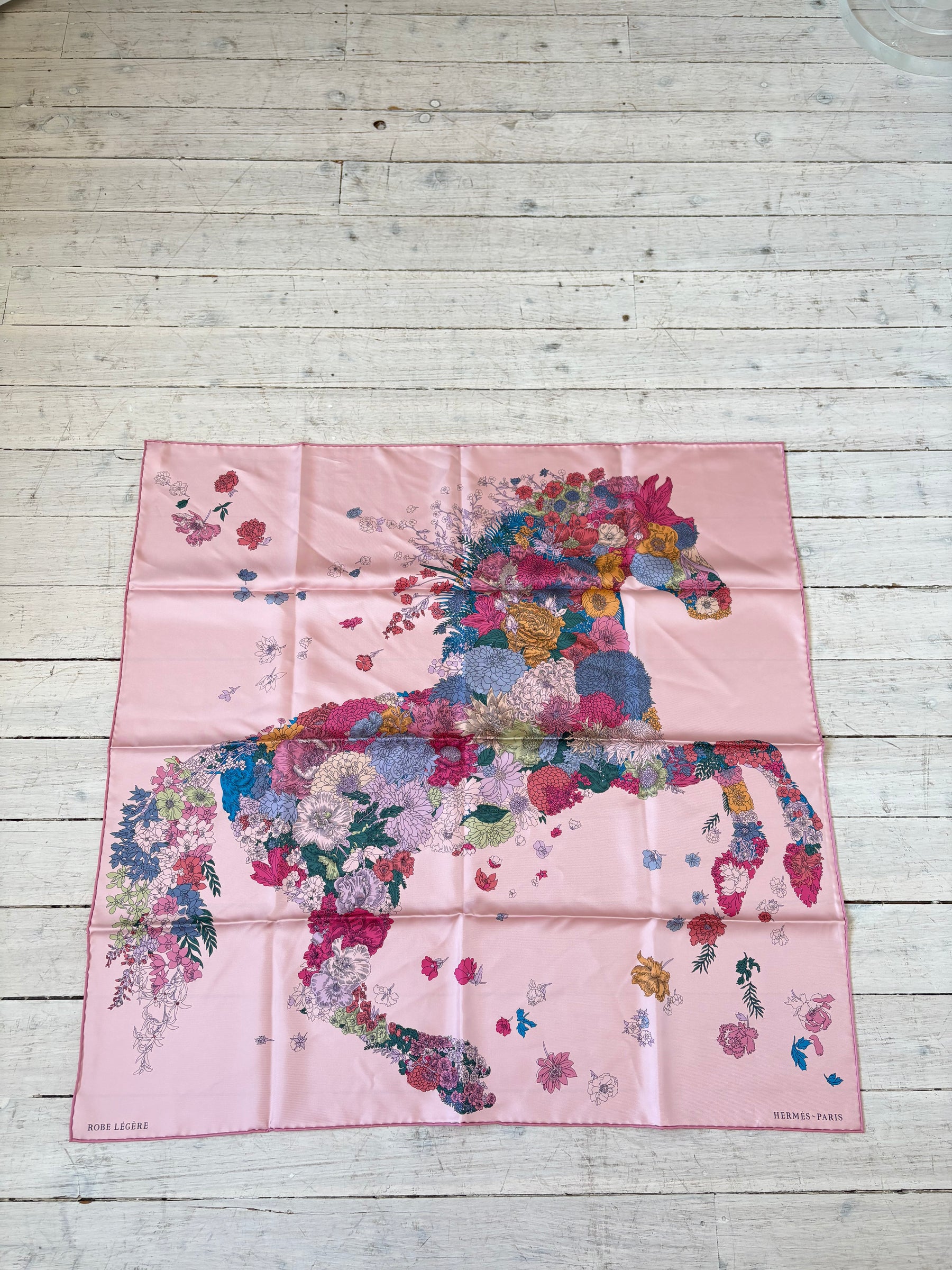 Hermès Pink Floral Horse 'Robe Legere' Silk Scarf 90