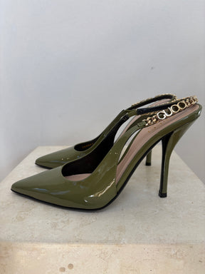 Gucci Khaki Green Patent Sling Back Pumps, 38