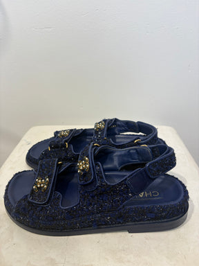 Chanel Blue Tweed Dad Sandals With Crystals And Pearls, 38 C