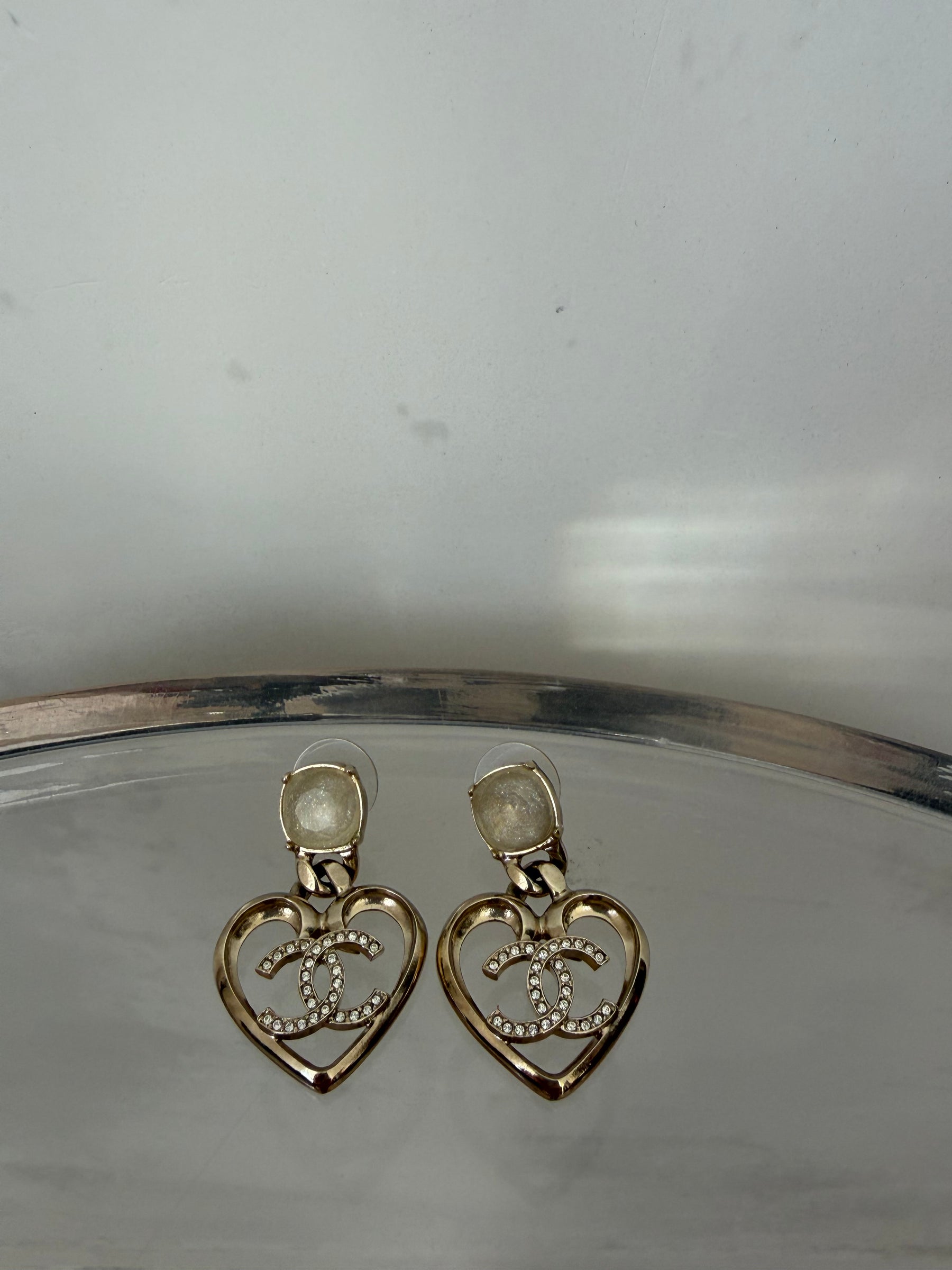 Chanel Gold Tone CC Drop and Crystal Stud Earrings