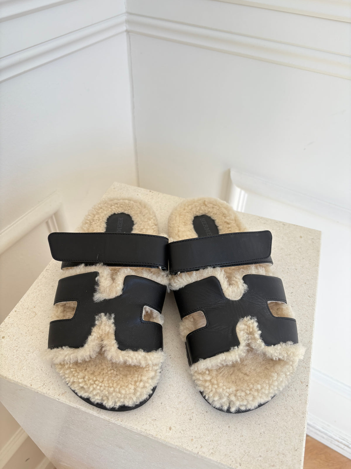 Hermès Black Leather and Shearling Chypre Sandals, 36.5