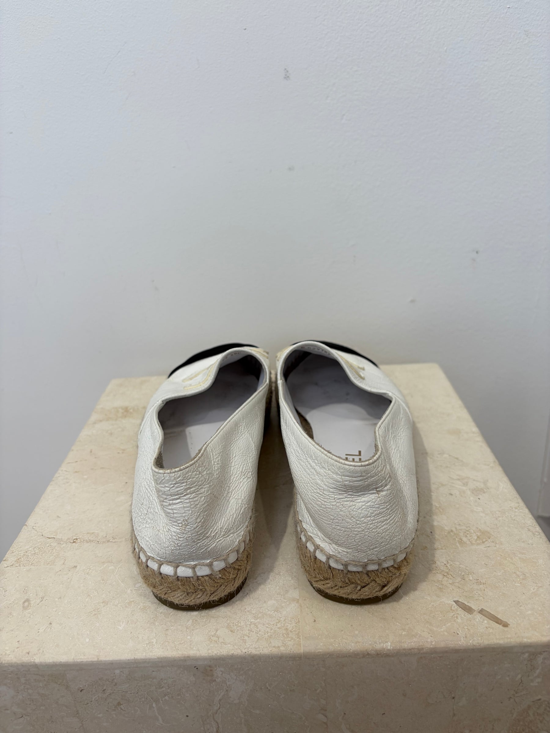 Chanel White Crackled Patent and Black Velvet Espadrilles, 38